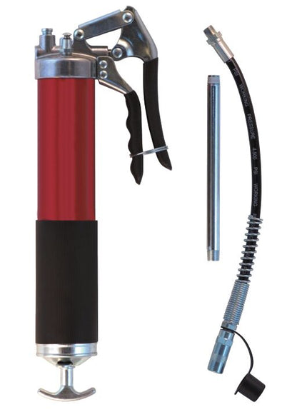 MR. HYDRAULIC HEAVY-DUTY PISTOL GRIP GREASE GUN INCLUDES 12" REINFORCED FLEX HOSE AND 6" RIGID EXTENSION (3-WAY GREASE LOADING)