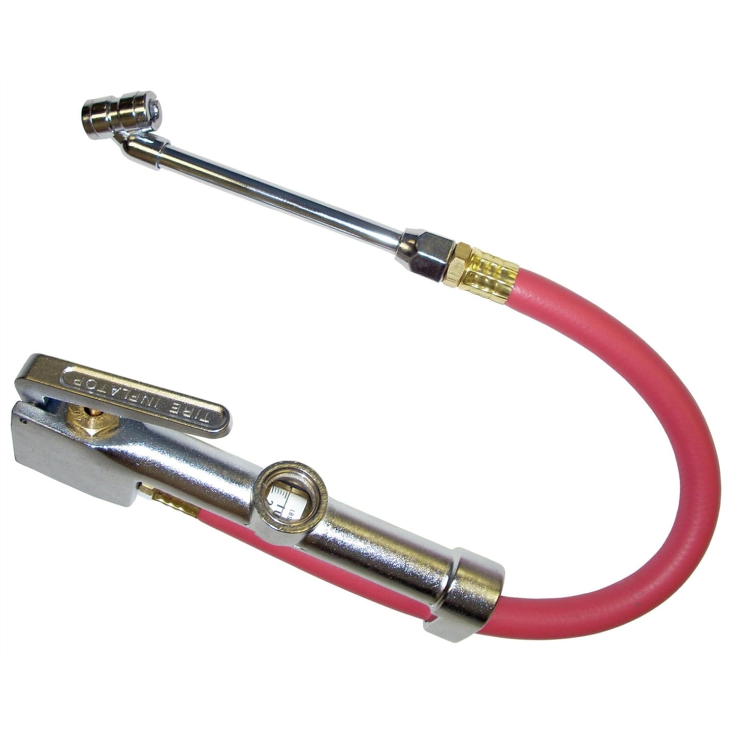 MR. TRUCK PARTS TIRE INFLATOR WITH GAUGE (READS 20 TO 120 PSI) 13IN. 300 PSI FLEXIBLE HOSE WITH PUSHBUTTON AIR RELIEF BLEEDER VALVE 1/4IN. NPT MALE FITTING 6IN. DUAL HEAD CHUNK