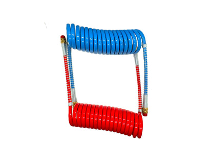 MR. TRUCK PARTS RED AND BLUE AIR BRAKE LINE HOSE COIL ASSEMBLY COILED SET AIR LINES HOSES FOR SEMI TRUCK TRACTOR TRAILER 1/2" NPT DOT FITTINGS 15' LENGTH x 40" TRACTOR LEAD