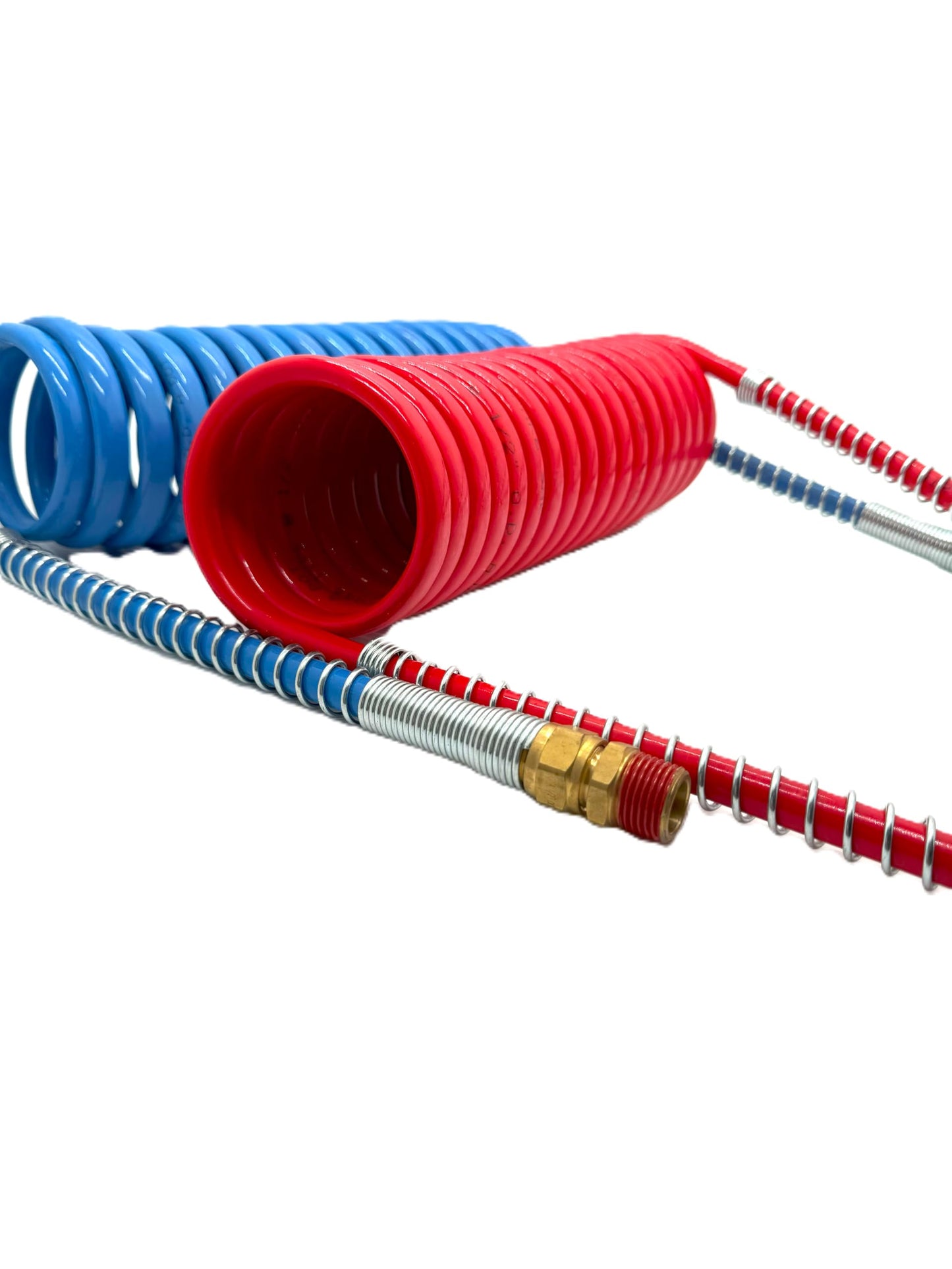 MR. TRUCK PARTS RED AND BLUE AIR BRAKE LINE HOSE COIL ASSEMBLY COILED SET AIR LINES HOSES FOR SEMI TRUCK TRACTOR TRAILER 1/2" NPT DOT FITTINGS 15' LENGTH x 12" TRACTOR LEAD