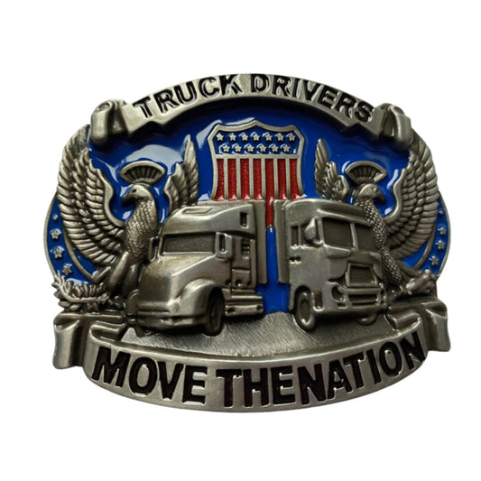MR. TRUCK PARTS REPLACES TRUCK DRIVERS MOVE THE NATION BELT BUCKLE BLUE DESIGN