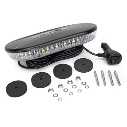 GENUINE BUYERS PRODUCTS 10" CLASS 1 LOW PROFILE LED MINI LIGHT BAR, 20 FLASH PATTERNS, AMBER/CLEAR, 40 LEDS, SAE J845, IP67 WATERPROOF, MAGNETIC/PERMANENT MOUNT, 12-24VDC, 15 FT CORD