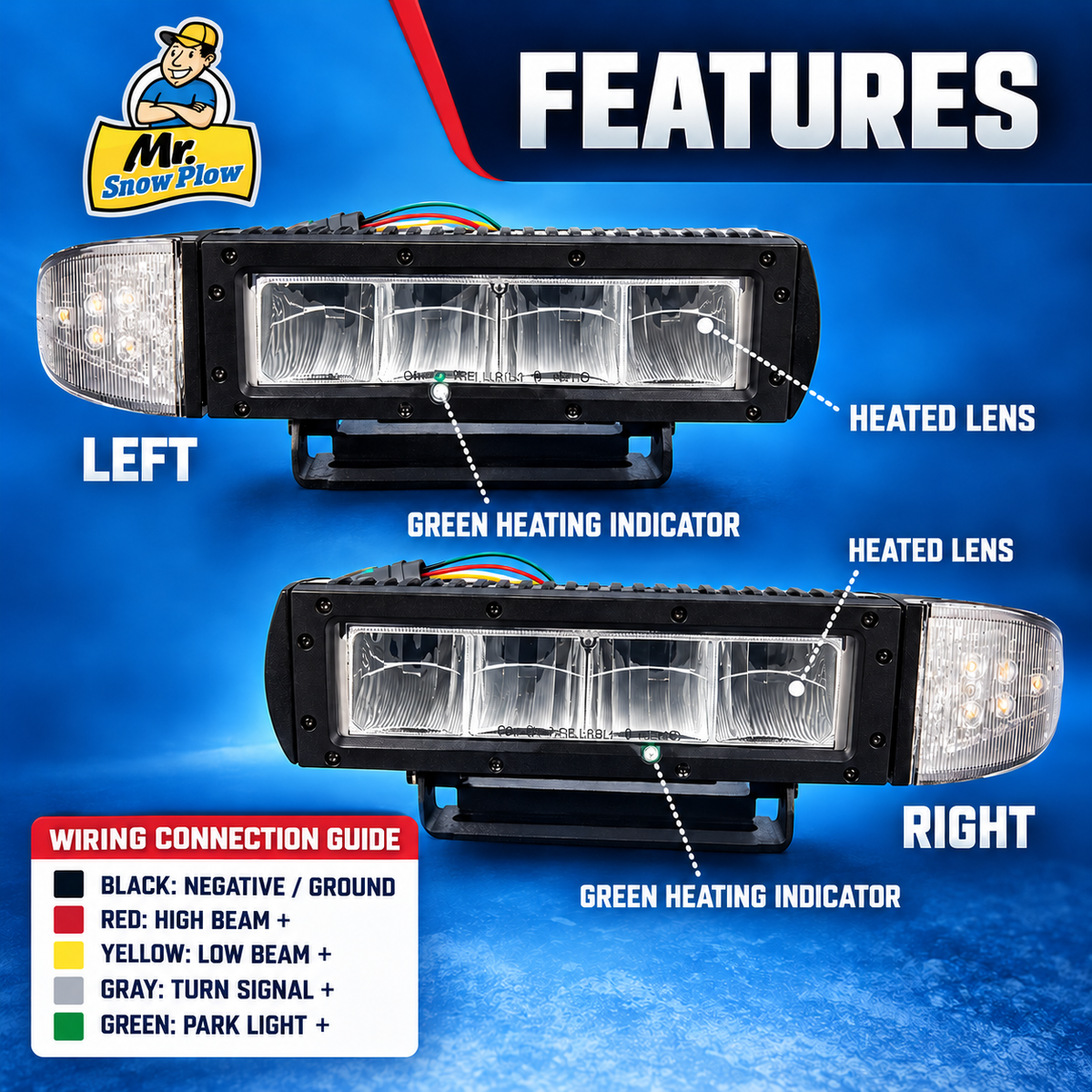 MR. SNOWPLOW REPLACES BUYERS 1312100 UNIVERSAL HEATED LED PLOW LIGHTS BOSS WESTERN SNOW DOGG