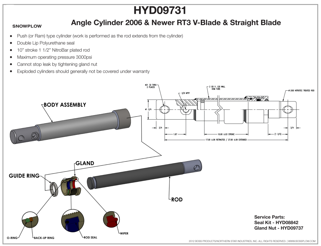 QTY. 2REPLACES BOSS HYD09731 (SERIAL# G1220+)1-1/2 X 10 Inch ANGLE CYLINDER BUYERS #1304707-